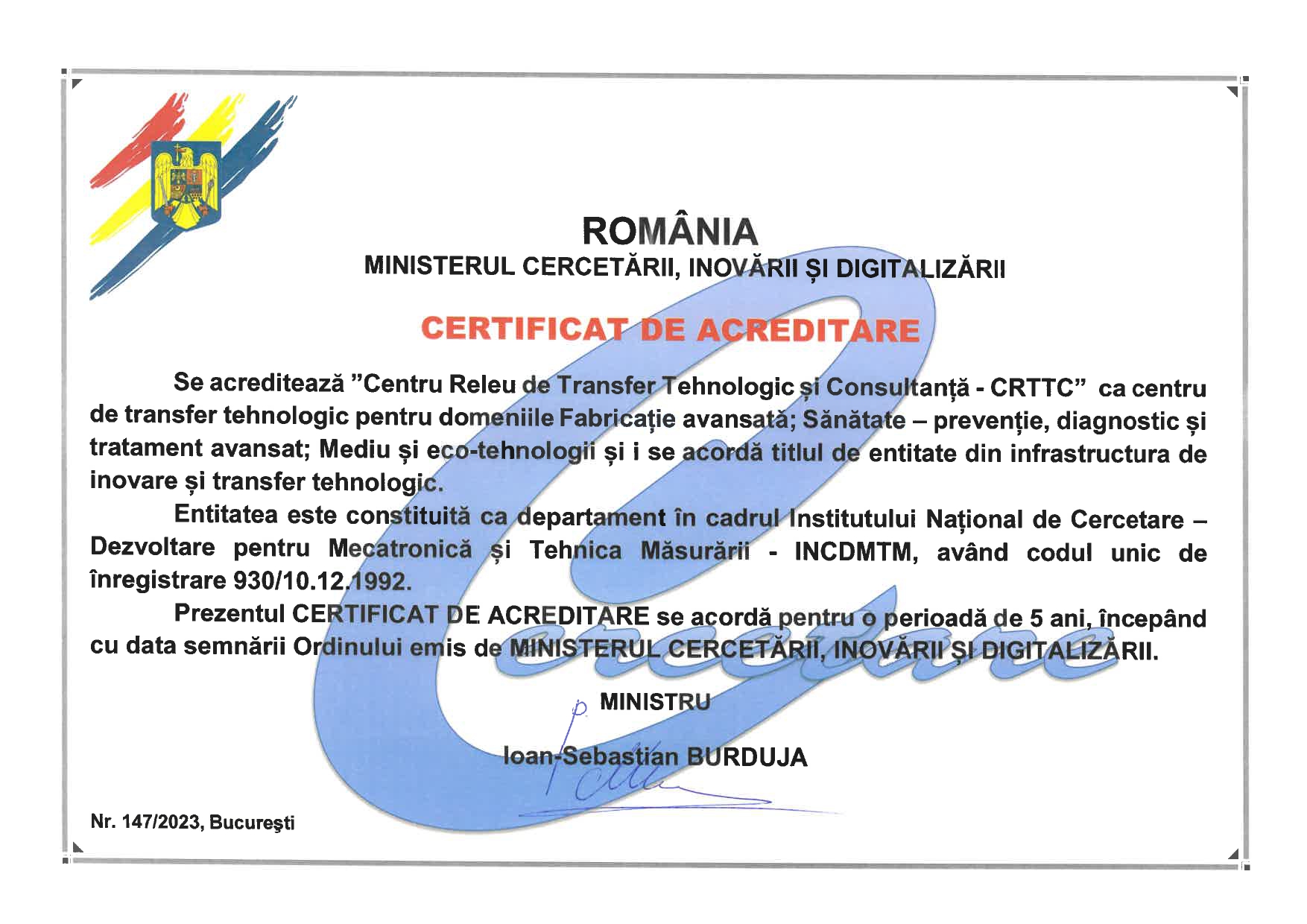 certificat de acreditare centru de TT al INCDMTM